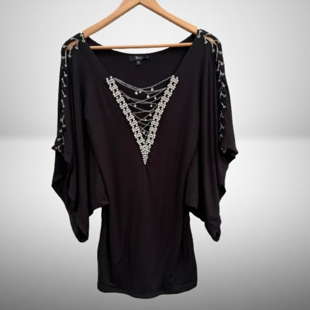 NEW Sky Black Rhinestone Chain V-Neck Dolman Sleeve Tunic Mini Dress Small